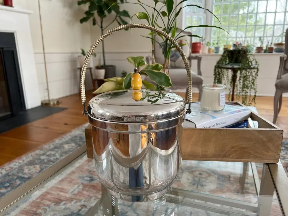Vintage Silver MCM Ice Bucket Sheffield Silver Company Pyrex Insert, Made in USA